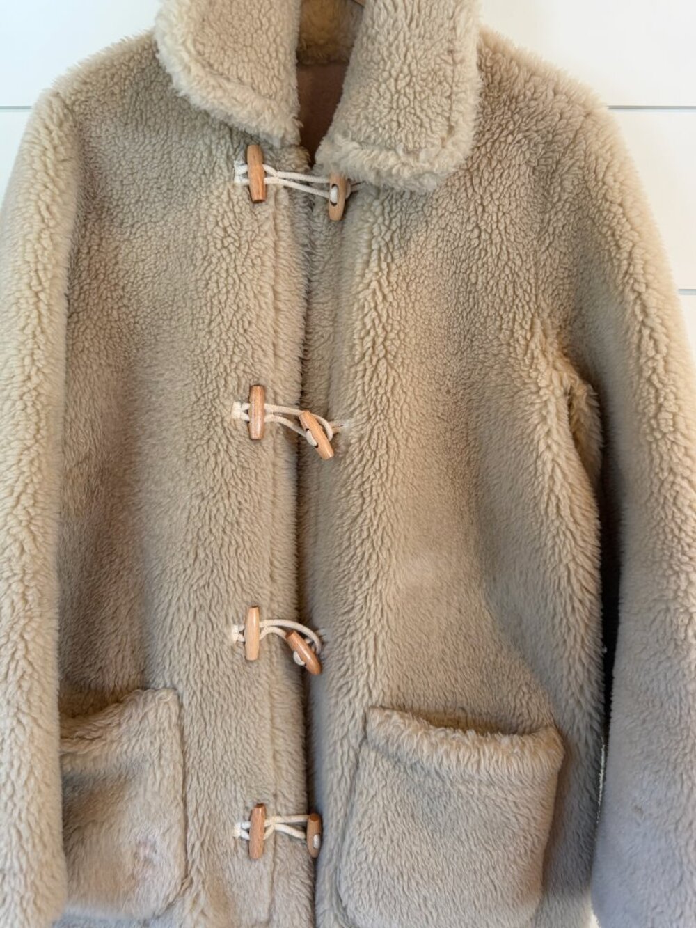 DÔEN Mott Reversible Coat in beige, size medium.